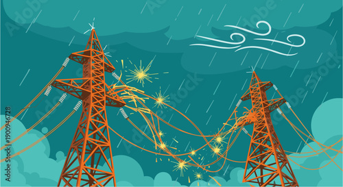 Illustration depicting a dangerous electrical power outage caused by strong winds and heavy rain, showing sparks and damaged infrastructure.