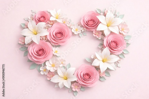 Mothers Day Paper Heart, floral roses pink background