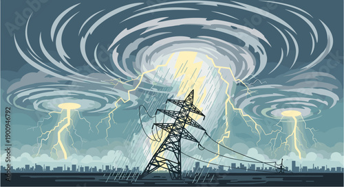 A powerful storm with swirling clouds, heavy rain, and lightning strikes threatens a city skyline and a damaged power line tower.