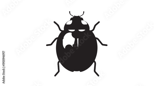 Top-down silhouette of a glossy black beetle on a white background, a compact insect figure.