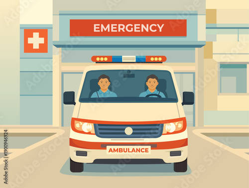 Ambulance parked at hospital emergency entrance showing medical service and healthcare infrastructure