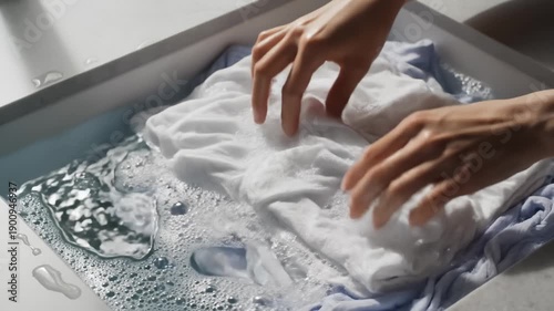 Close Up of Hands Hand Washing White Laundry in Soapy Water in a Basin