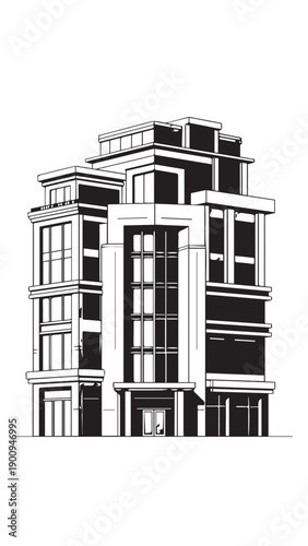 Modern multi-story architectural building with sharp angles and clean lines.