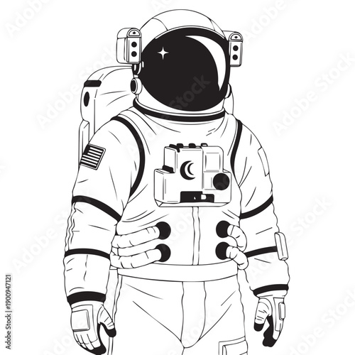 Illustration of an astronaut in a detailed space suit with helmet and gloves.