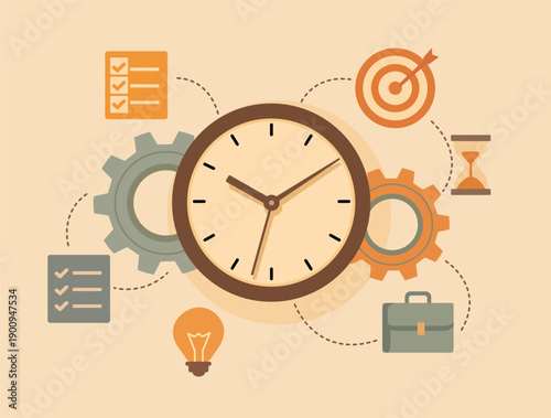 Clock with gears checklist target hourglass briefcase and lightbulb showing productivity and time management