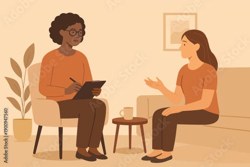 Therapist with clipboard talking to client during Counseling session in comfortable room