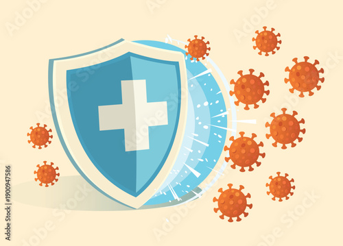 Blue shield with white cross blocking virus particles showing healthcare protection and immunity