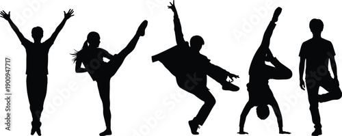 Dance pose silhouette set isolated on white background, modern and hip hop dancers performing dynamic movements, black vector illustration