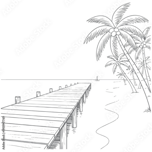 Foto Line Art Sketch of a Tropical Pier with Palm Trees