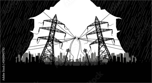 Dramatic black and white illustration of towering electricity pylons against a city skyline under a stormy, foreboding sky, symbolizing power and urban infrastructure.