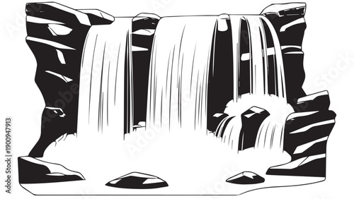 Monochrome Illustration of a Dramatic Waterfall Cascading Over Rocks in a Rocky Framed Scene.