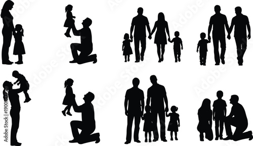 Family silhouette set with parents and children, loving moments together, walking and playing scenes, black people figures, parenting lifestyle illustrationFamily silhouette set with parents