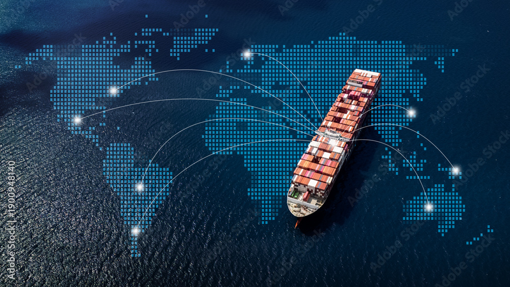 Obraz premium Aerial top view containers ship cargo business commercial logistic and transportation international import export by container freight cargo ship in the open seaport show ocean network on map.