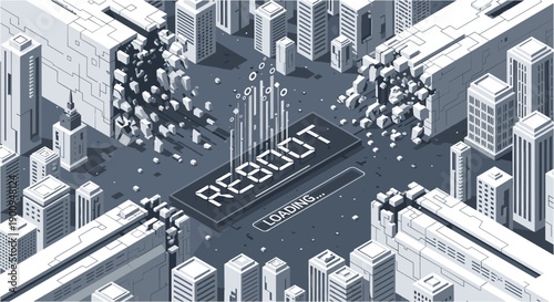 Abstract isometric cityscape with a central 'REBOOT' message and loading bar, symbolizing system restoration and technological advancement.