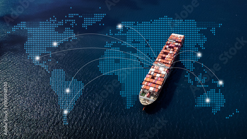 Aerial top view containers ship cargo business commercial logistic and transportation international import export by container freight cargo ship in the open seaport show ocean network on map.