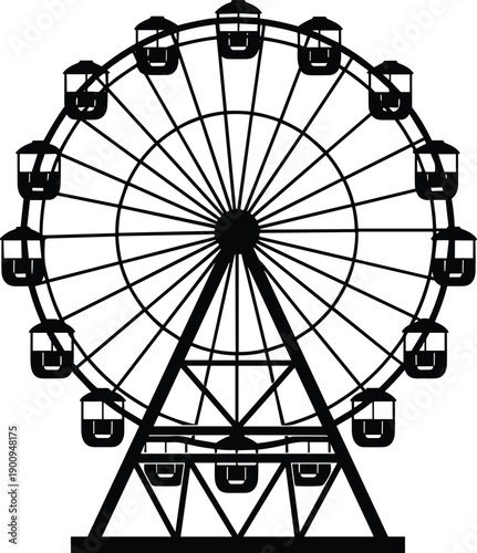 Ferris wheel silhouette illustration isolated on white background, amusement park ride icon, carnival attraction, black minimal vector design