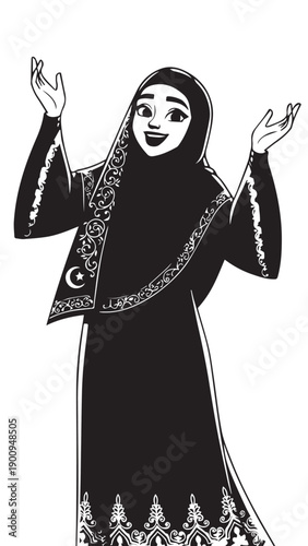 Smiling woman in traditional black hijab and abaya waving.