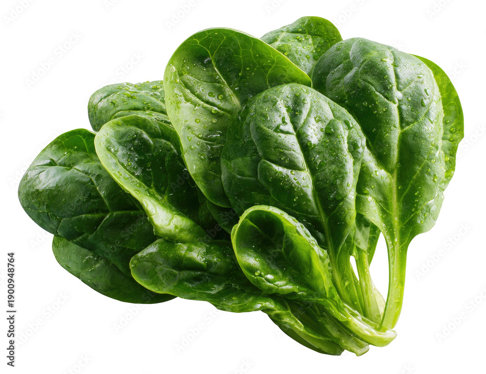 Obraz premium Fresh Spinach Leaves with Water Droplets on Stems Isolated on Transparent Background