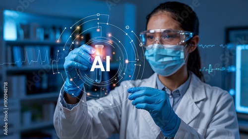 Scientist in protective gear examines glowing AI interface in futuristic lab