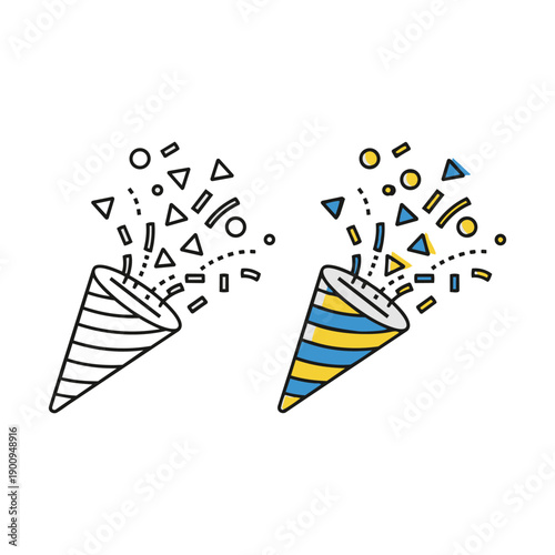 Party popper exploding with confetti, line art and colorful illustration