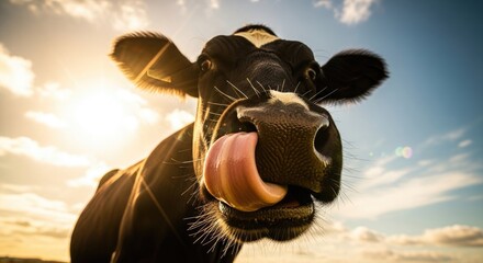 A happy cow with tongue out in a sunny field close-up photo taken from a low angle