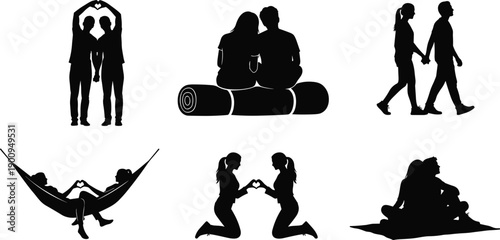 Black silhouettes of romantic couples in nature, lovers holding hands, sitting on log, relaxing in hammock and making heart shapes for valentines day concepts