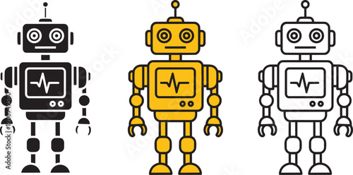 Set of three robot icons in black, yellow, and white, with heart rate monitor