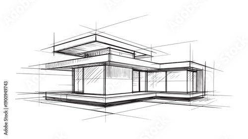 Modern House Architectural Sketch Vector Illustration For Real Estate And Building Design Concept