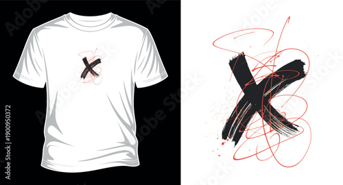 Abstract expressive brush stroke x symbol on white t-shirt design