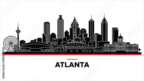 Atlanta city skyline horizontal banner. Black and white silhouette of Atlanta city, USA. Vector template for your design