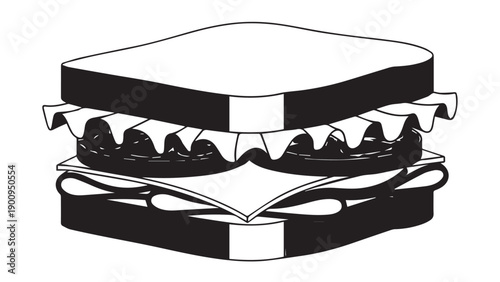 Two-Tier Black and White Hamburger Illustration Showing a Stacked Beef Patty with Cheese.