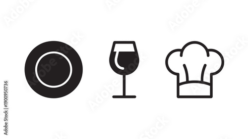 Vector Illustration Of Plate, Wine Glass, And Chef Hat For Restaurant And Culinary Concept