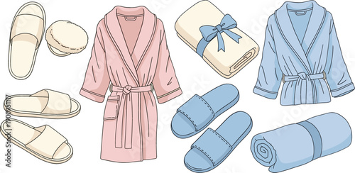 Luxury spa and wellness set featuring comfortable bathrobes soft towels and cozy slippers in pastel colors for bathroom relaxation self care and hotel lifestyle.