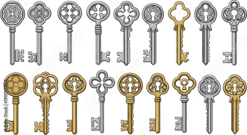 Large collection of antique vintage skeleton keys in gold and silver metal with ornate decorative handles for mystery security and fantasy design.