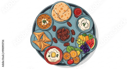 Traditional Jewish Seder Plate with Passover Foods on Blue Plate