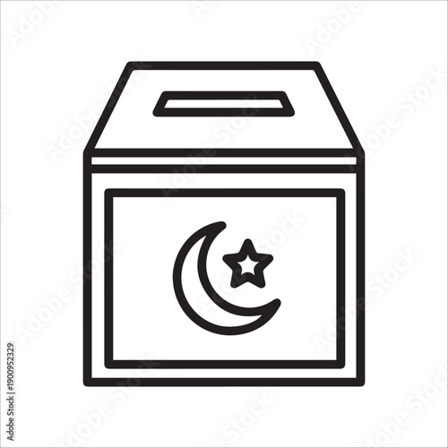 A black and white illustration of a donation box with a crescent moon and star symbol