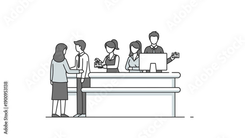 Business people at office reception desk.