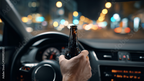 Caucasian man holding a beer bottle while driving car at night. Drunk driving concept. Dangerous behavior on road, accident risk.