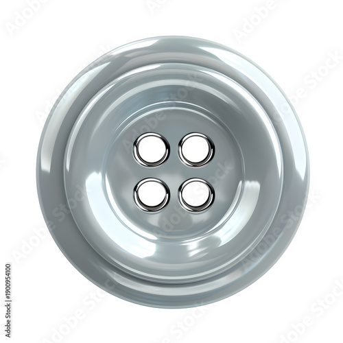 Close-up of a shiny, silver, four-hole sewing button with metallic rims on a black background, isolated and clean