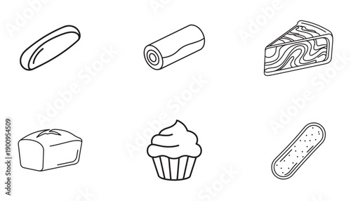 Collection of delicious baked goods and sweet treats including bread, cake and cupcake illustrations