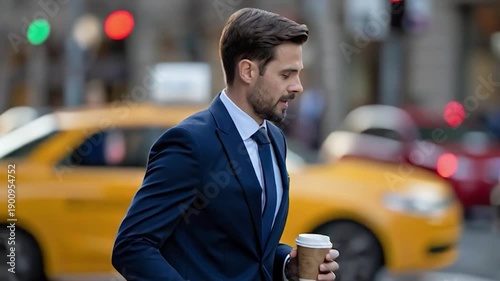 Businessman Walking Down City Street with Coffee.