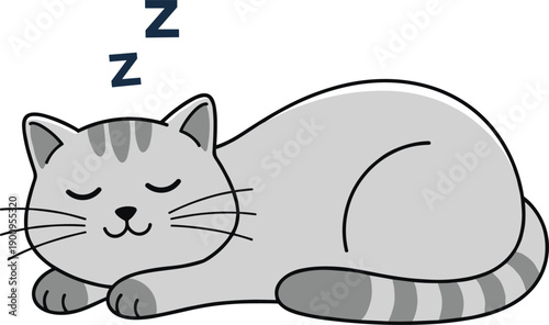 Cartoon sleeping gray cat vector illustration with closed eyes, curled body, striped tail, peaceful animal design isolated on plain background for stock
