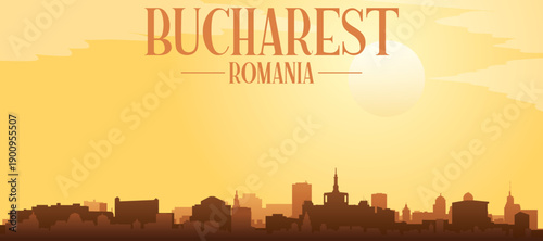 Golden yellow panoramic poster of the city skyline with misty background buildings and clouds of BUCHAREST, ROMANIA
