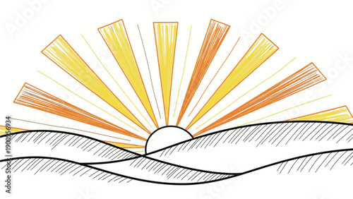 Sunrise vector illustration with orange and yellow rays over wavy lines