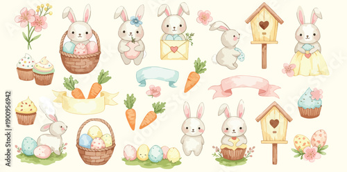 Easter themed illustration with bunnies eggs baskets and spring flowers and sweets