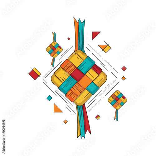 Ketupat Eid Celebration Food Diamond Weave Colorful Geometric Shapes Isolated White Background