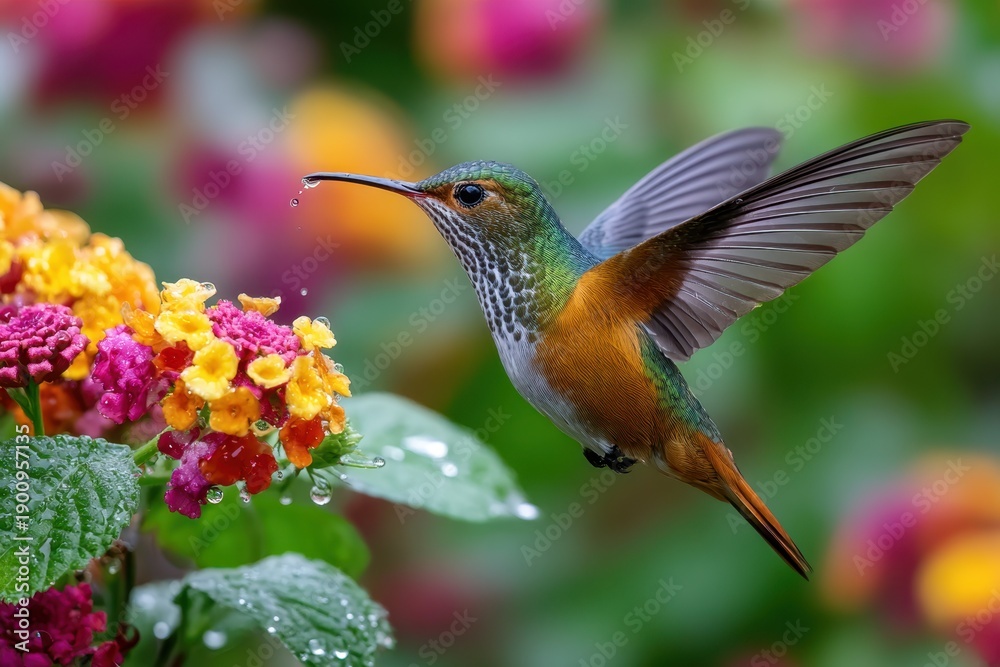 Fototapeta premium Hummingbird Hovering Near Colorful Flower with Water Droplets