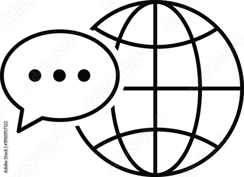 Speech bubble with dots next to a black outline globe communication chat