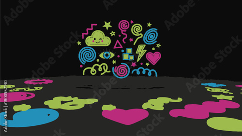 Colorful party icons vector collection. Includes stars, hearts, spirals, and other festive symbols. Created in vibrant style with multicolor palette.