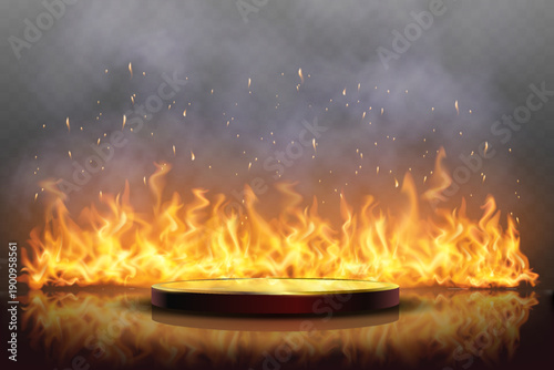 Fire podium with flames and burning background.